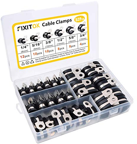 FIXITOK 52 Pièces Caoutchouc Collier Serrage P Clips Tuyau Pinces Acier Inoxydable Pinces Caoutchouc Coussin Colliers 6 Tailles 1/4 5/16 3/8 1/2 5/8 3/4