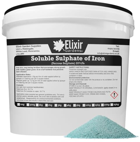 Elixir Gardens Soluble Sulphate of Iron Lawn Tonic & Conditioner/Green Up | 1-10kg Tubs Available | 20% Ferrous Sulphate Treatment | 10kg Tub | Makes 800L of Liquid Feed