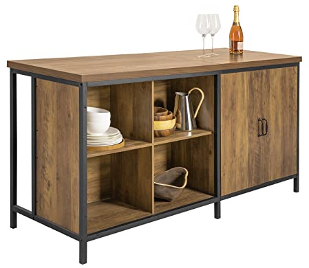 SoBuy Kitchen Island with 170cm Wide Worktop & 4 Open Storage Compartment | Multifunctional Storage Cupboard Sideboard with 2 Doors & Bar Cabinet Design for Living Room, Brown, W170xD60xH89cm, KNL01-F