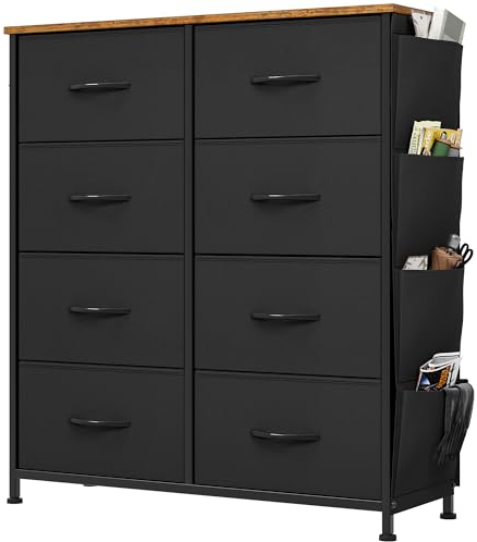 YITAHOME Commode avec Poches latérales et Crochets, Commode à 8 Tiroirs en Tissu Meuble de Rangement avec Dessus en Bois pour Chambre à Coucher, Salon, Chambre d'enfant, Noir