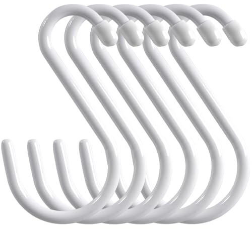 Cozihom 6 Inch Heavy Duty Vinyl Coated S Hooks, Black Rubber Coated S Hooks, Extra Thick Non Slip Metal S Hanger for Closet, Garden, Garage, Kitchen Hanging, White, Pack of 6