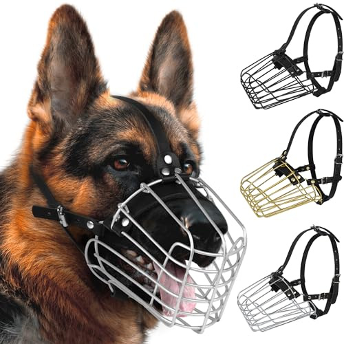 Museruola per cani da pastore tedesco, cestino in metallo, per cani di taglia media e grande, cinghie in pelle resistenti regolabili, maschera sicura per mordere, masticare, abbaiare (argento, taglia