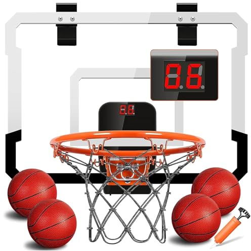 TEUVO Mini Basketballkorb Indoor Kinder mit 4 Ball, Tür Basketballkorb für Zimmer & Büro mit Elektronische Anzeigetafel Basketball Korb Outdoor Wandmontage Geschenke für Jungen Mädchen Alter 3 4 5 6+