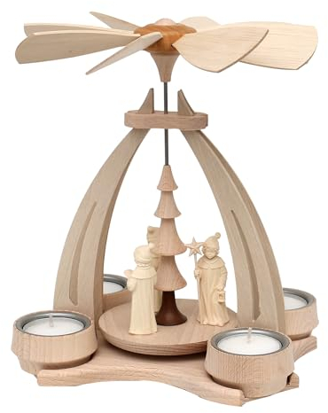 Piramide in legno di faggio con 3 statuette scolpite a mano tirolesi per 4 lumini (lunghezza x larghezza x altezza): circa 18 x 14 x 24 cm,