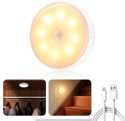 buvyuotu LED Nachtlicht mit Bewegungsmelder, LED Schrankbeleuchtung mit Wiederaufladbares, 3 Modi Einstellbar, Warmlicht Weißlichtfür Treppenlich, Flur, Kinderzimmer, Schlafzimmer, Schrank,Küche