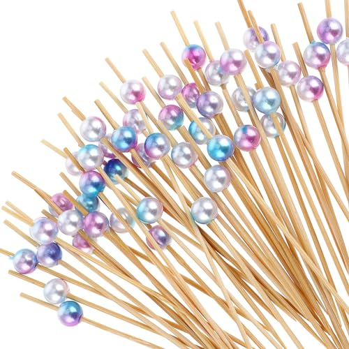100 Stück Zahnstocher, Abeillo Cocktailspieße, Cocktail Zubehör, Holzspieße, Cocktailspieße Deko, Zahnstocher Holz, Buffet Zubehör, Spiesse für Snacks Fingerfood Obst Cocktail (Farbige Perlen)