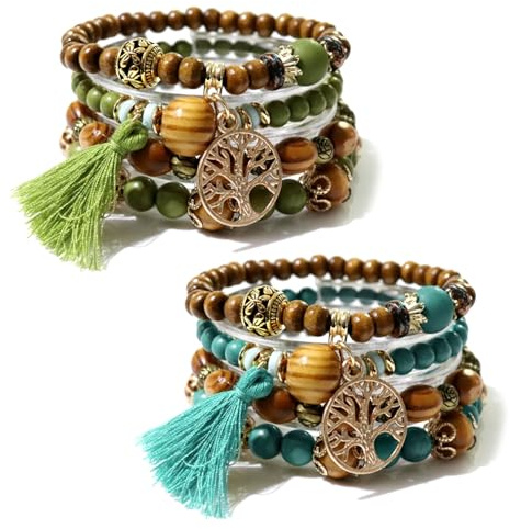 DHSBGWSX 8 pulseras de perlas de madera, estilo étnico bohémien, con borla colgante, regalo para joyería, pulsera elástica con perlas de madera, Talla única