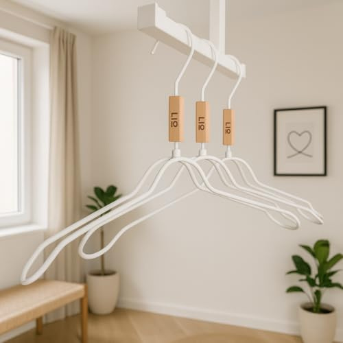 LIO HOME® Set di 3 grucce appendiabiti in metallo bianco o nero con protezione pieghevole – Stabili ganci in filo con spalle larghe per vestiti indeformabili e ganci girevoli a 360°