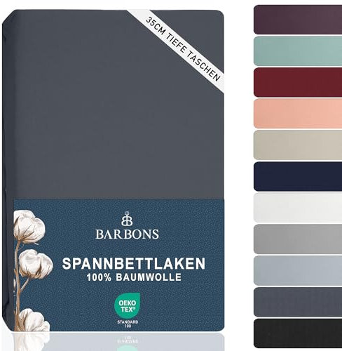 BARBONS Spannbettlaken 180x200cm - 100% Baumwolle Spannbetttuch Oeko-TEX Zertifiziert Bettlaken Jersey Bettwaren und Bettbezug für Boxspringbett und dicke Matratzen bis 27 cm - Dunkelgrau 180 x 200