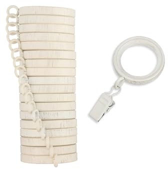 MODE Cambria Designer Series - Premium Easy Glide 18 Count Small Curtain Rings - Metal with Nylon Inserts and Clips - 1 inch Inner Diameter - use for rods 5/8 or Smaller - Weathered White