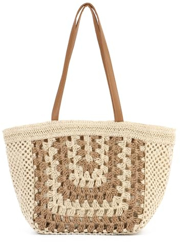EVEOUT Sac Cabas en Raphia Tressé Femme été Grand Léger Bohème Sac Fourre-tout Paille Tissé pour Vacances Voyages Quotidien(Beige)