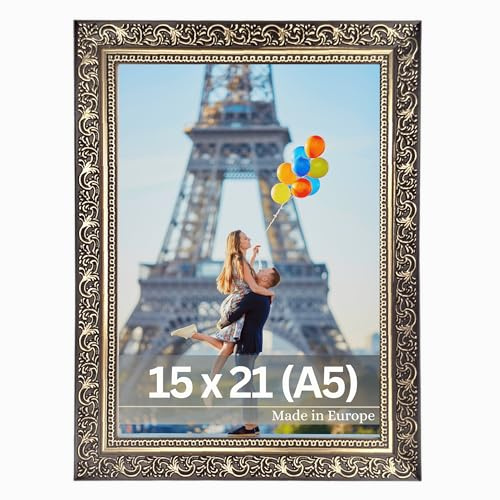 VictoR Bildram vinci – 15 x 21 cm (A5) – svart guld – vintage barock – dekorerad list 22 x 20 mm – okrossbart akrylglas – MDF-baksida – för stående och liggande format – Made in Europe