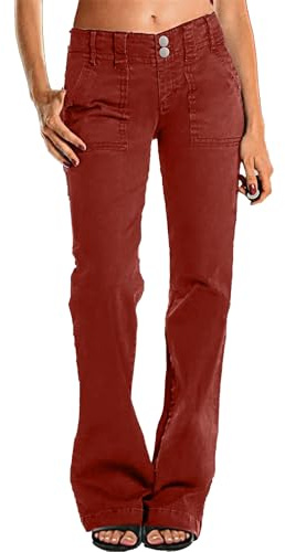 RegaliaKun Jean Droit pour Femme, Jambe Large, Taille Moyenne, Droit, Vintage, Double Boutonnage, Pantalon en Velours côtelé, Rouge Brique, Taille S