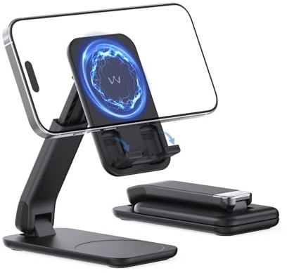 iWALK Magnetic Cell Phone Stand for Desk, Angle and Height Adjustable Mobile Phone Holder, Foldable Magnet Stand for iPhone 17 16 15 14 13 12 Pro Max and iPad, Cell Phone Holder for Samsung, Black