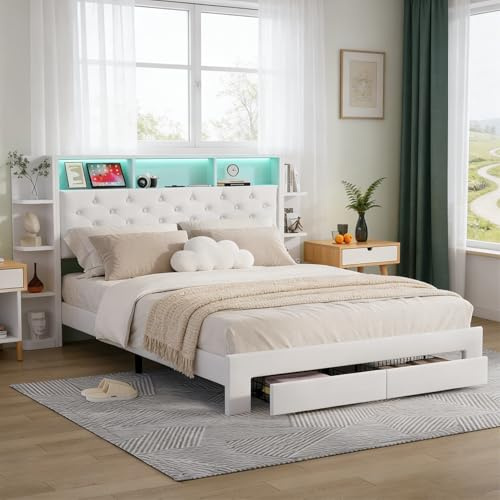 Letto imbottito 160x200 con Contenitore, letto matrimoniale con USB e LED, Con comodini e con cassetti, Funzionale con testiera, Struttura letto con rete a doghe, in Velluto (Beige, 160 x 200 cm)