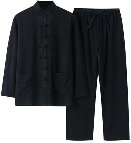 Men's Suit Chinese Style Traditional Martial Arts Kung Fu Tai Chi Wushu Classic Tangzhuang Long Sleeve Shirt Trousers Training Uniform Spring Autumn Leisure Clothing Linen Suit(Black,X-Large)