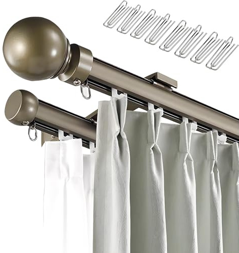 Barras de Cortina Doble con Ganchos para Montaje en Pared, Rieles para Cortinas Silenciosa para Divisor de Ambientes, Sala de Estar, Dormitorio 50cm 120cm 340cm 500cm 600cm(Champagne,160cm)
