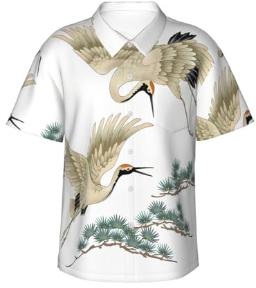 QAZWZML Camisa de manga corta para hombre, diseño de dos grullas japonesas volando, pintura tradicional, con solapa, para viajes a la playa y vacaciones
