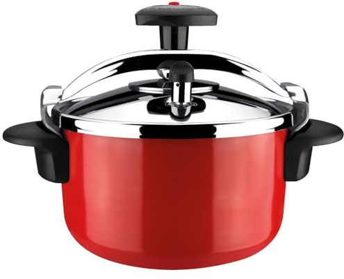 Magefesa Castell – Traditioneller Roter Schnellkochtopf 4L, Edelstahl 18/10, Für Alle Herdarten, Vollinduktion, Gesundes Kochen, Drehknauf-Verschluss