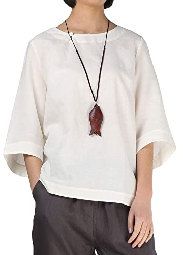 Minibee Women's Linen Blouse Round Neck 3/4 Sleeve Shirt Tops with Chinese Frog Button Beige XXL