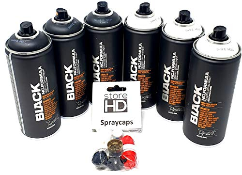 Montana Black & White Sprühdosen Set, 3x Schwarz + 3x Weiß + 10 Ersatzsprühköpfe - 6 x 400ml