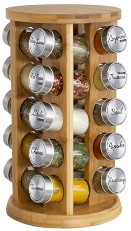 Orii 20 Jar Spice Rack with Spices Included - Tower Organizer for Kitchen Spices and Seasonings, Free Spice Refills for 5 Years (Bamboo Wood)