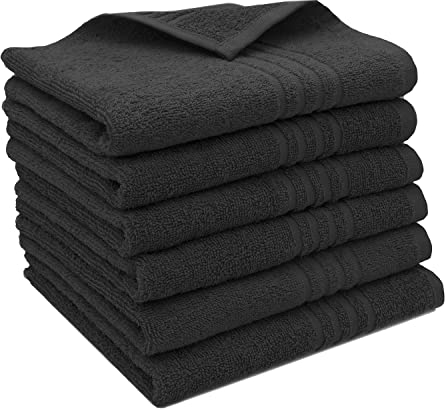 ZOLLNER 6er Set Gästehandtücher in 40x60 cm - saugstarke Gästetücher in schwarz - mit praktischem Aufhänger - mit eleganten Tiefgangstreifen - waschbar bis 60°C - Baumwolle - Hotelqualität