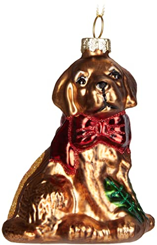 BRUBAKER Golden Retriever con Fiocco Rosso - Palla di Natale in Vetro Dipinto a Mano - Bocca Soffiata Decorazione Dell'Albero di Natale Figure Buffo Ciondolo Decorazione Palla Albero - 9,1 cm