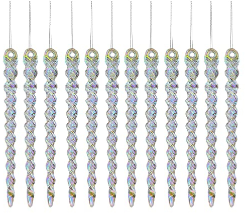 AKH® 13CM / 5 Christmas Hanging Icicles | Icicles Ornaments Bubbles Christmas Tree Decorations | Pack of 12 | Glitter Baubles Christmas Tree Icicle Decorations Hanging (Iridescent)