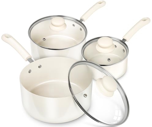 MICHELANGELO Saucepan Sets Non Stick with Lids, Ceramic Saucepans Set 14cm/18cm/20cm with Nonstick Coatings, PFAS-Free Small Saucepan Sets, Multipurpose Cooking Pots, Cream White