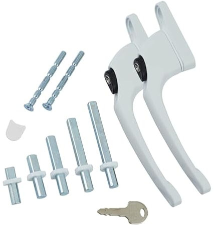 FixRello Manija universal en línea de uPVC para ventana, con cerradura, ambidiestro, multihusillo, color blanco con botón negro (paquete de 2)