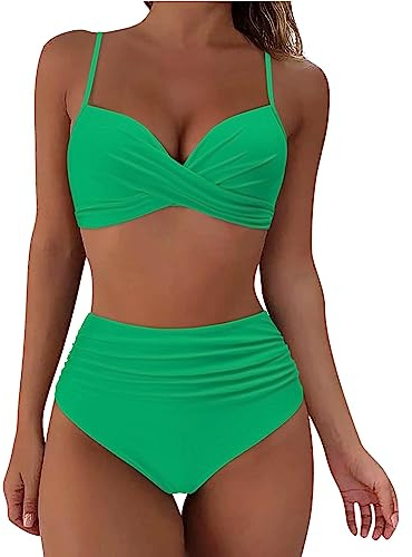 SRTUMEY Swimming Tops for Women Women High Waisted Bikini Sexy Up Two Swimsuits Vintage Swimsuit Two Retro Ruched High Waist Print Bikini Set UK Sale Green