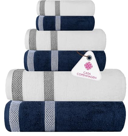 CASA COPENHAGEN Solitaire Mix 6 Piece Towel Set - Navy + White, 600gsm, 2 Bath Towels, 2 Hand Towels, 2 Washcloths Made of Soft Egyptian Cotton for Bathroom, Kitchen and Shower