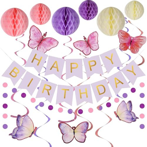 Decoraciones De CumpleañOs De Mariposas, DecoracióN De CumpleañOs Morada, Pancarta Morada De Feliz CumpleañOs Con Bola De Panal, DecoracióN De Fiesta Premium Reutilizable Para NiñAs Y Mujeres