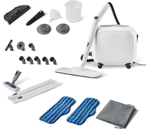 Amazon Basics Limpiador a Vapor Multiusos con 22 Accesorios, Depósito de 1,5L, 1500W, Blanco
