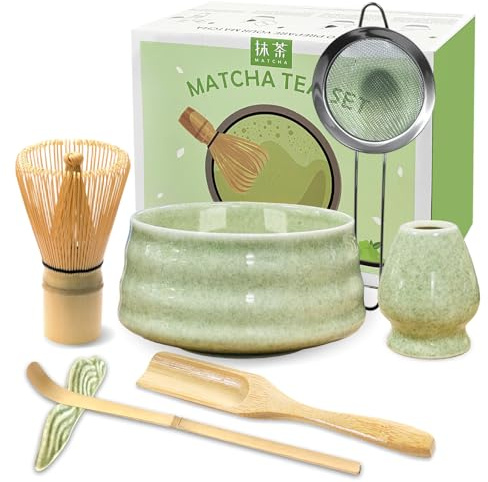 JBER Matcha Set, Matcha Besen Set 7-Teiliges - Matcha Besen und Besenhalter, Matcha Schale aus Keramik, Sieb, Matcha Löffel und Halter, Japanisches Matcha Tee Set für Matcha-Liebhaber - Klassisch Grün