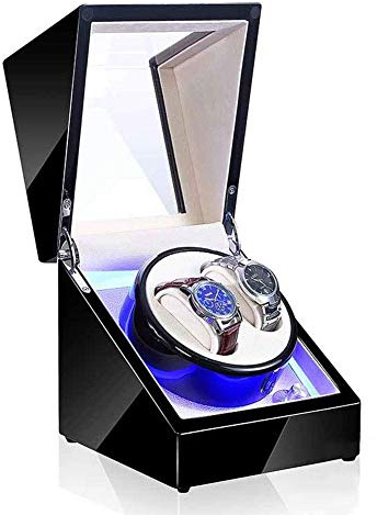 Genérico Caja enrolladora de Relojes automática Doble, Interruptor LED, Modo de Ajuste de 5 velocidades, Estuche de Madera de Lujo para 2 Relojes de Pulsera, Almacenamiento de exhibición de Relojes