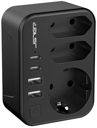 JSVER Adattatore da viaggio tipo M per il Sud Africa con 1 presa Schuko e 2 prese UE, adattatore da viaggio Sudafrica Germania con 2 USB C e 2 USB A per Sud Africa Namibia, Lesotho, Mozambico (nero)