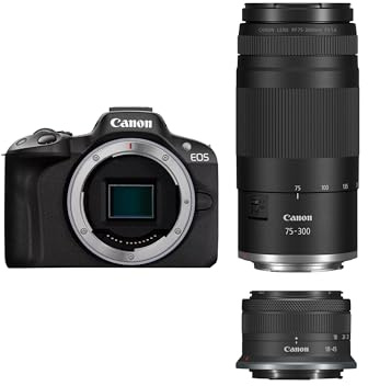 Canon EOS R50 Cuerpo Cámara Mirrorless + Objetivo RF-S 18-45 mm + RF 75-300mm Kit Doble Zoom -4 EV, Vídeo 4K 30 fps, Dual Pixel CMOS AF II, Pantalla Táctil de Ángulo Variable, Negro