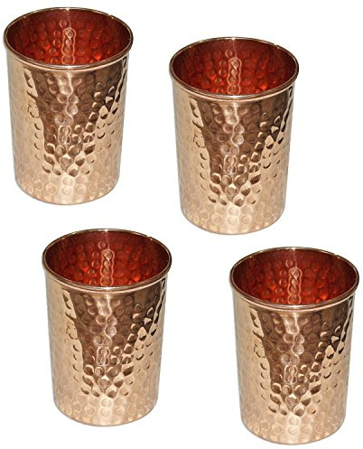 Pure Copper Hammered Tumbler for Healing Ayurvedic Product Tableware Accessories, Set of 4, Height 9.5 cm Capacity 350 Ml
