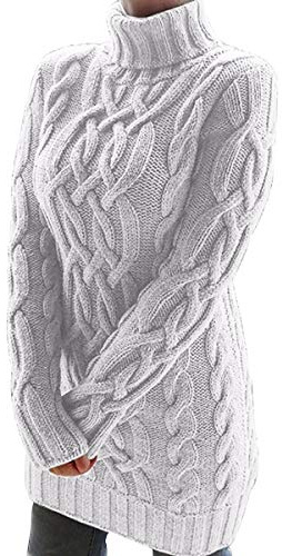 Oversized Cable Knit Jumper Dresses - Turtle Neck Long Jumpers for Women - High Neck Sweater - Plain White M