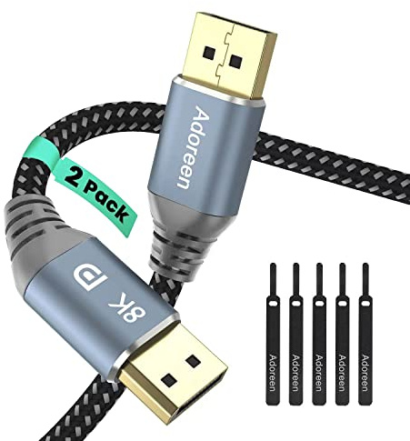 8K DisplayPort 1.4 Cable 8 Feet/2 Pack,Adoreen DP Cord(From 1.5-30FT)8K@60Hz 4K@144Hz 2K 1080P@240Hz 32.4Gbps HBR3 HDCP HDR,FreeSync G-Sync,Braided Display Port for Monitor Graphics+ 5 Ties-NOT HDMI