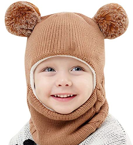 Herbests Warm Mütze und Schal Set für Jungen Mädchen 3-6 Jahre,Bommelmütze Strickmütze mit Pompom Winter Warm Weiches Strickmützen Schlupfmütze Schalmütze Niedlich Beanie Cap Beanie Hut