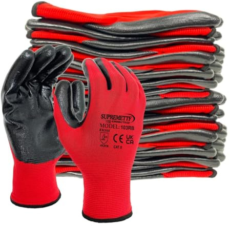 Supreme TTF 24 Pairs PREMIUM NITRILE COATED Red Nylon Work Gloves Builders Gardening Grip (XL [Size 10])