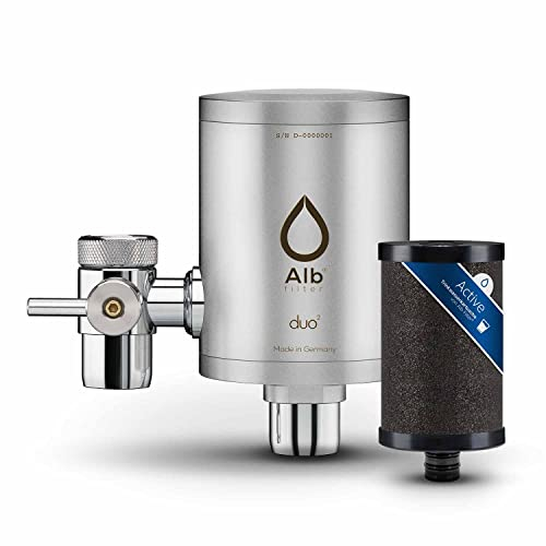 Alb Filter® Duo Active Trinkwasserfilter | Armatur Anschluss | Filtert Schadstoffe, Chlor, Blei, Pestizide, Mikroplastik | Set mit Gehäuse und Kartusche | Made in Germany (Edelstahl Mattiert)