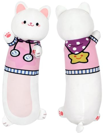 Terbaik Cuscino Gatto Lungo in Peluche, 50 cm, Bianco e Rosa, Morbido Peluche per Dormire e Coccole