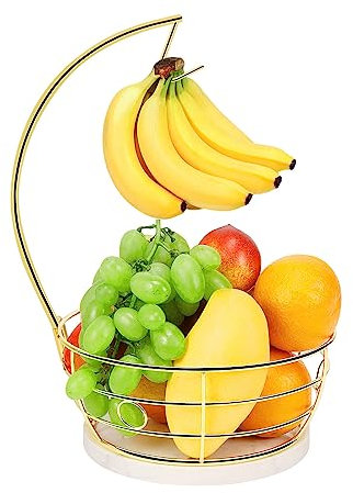 Livabber Countertop Fruit Basket Bowl with Banana Hanger, Modern Standing Fruit Vegetable Bowl Storage with Marble Base, with Banana Tree Holder for Kitchen, Dining Table (Round, Gold)