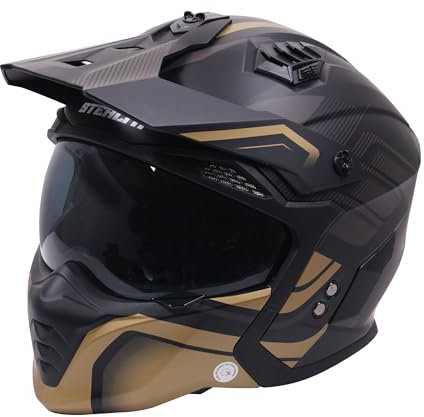 Motorcycle Crash Helmet Stealth Fighter ECE 22.06 Approved Multi Function Full Face & Open Face Helmet Removable Peak - Orbit Black/Gold Matt (Medium)