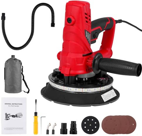 Geevorks Levigatrice per Muro, 850W Levigatrice a Secco Velocità Variabile 1500-2600 Giri al Minuto, Aspirazione Polvere Automatica con Luce a LED, Doppio Manico, Sacco di Raccolta e12 Dischi Abrasivi