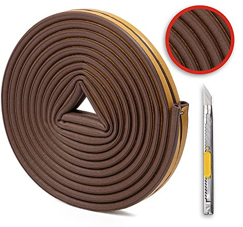 Burlete Universal para Puerta y Ventana/Tira de Sellado Perfil D-Marrón/Cinta Autoadhesiva para Puertas/Goma de Silicona para Ventana Corredera/Aislante Térmico y Acústico para Ventanas/Cúter incluido